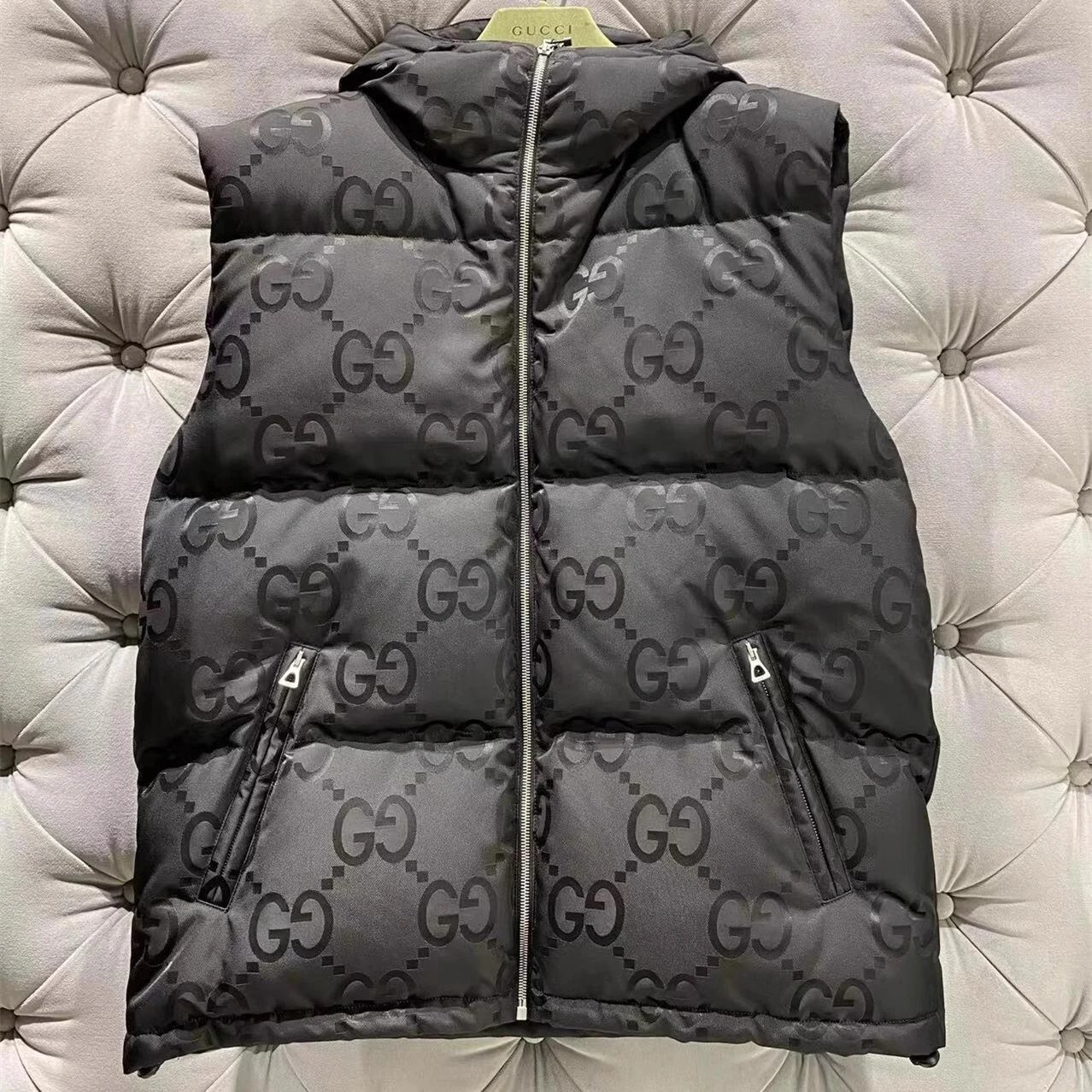 Gucci Black GG Logo Down Vest with Hood