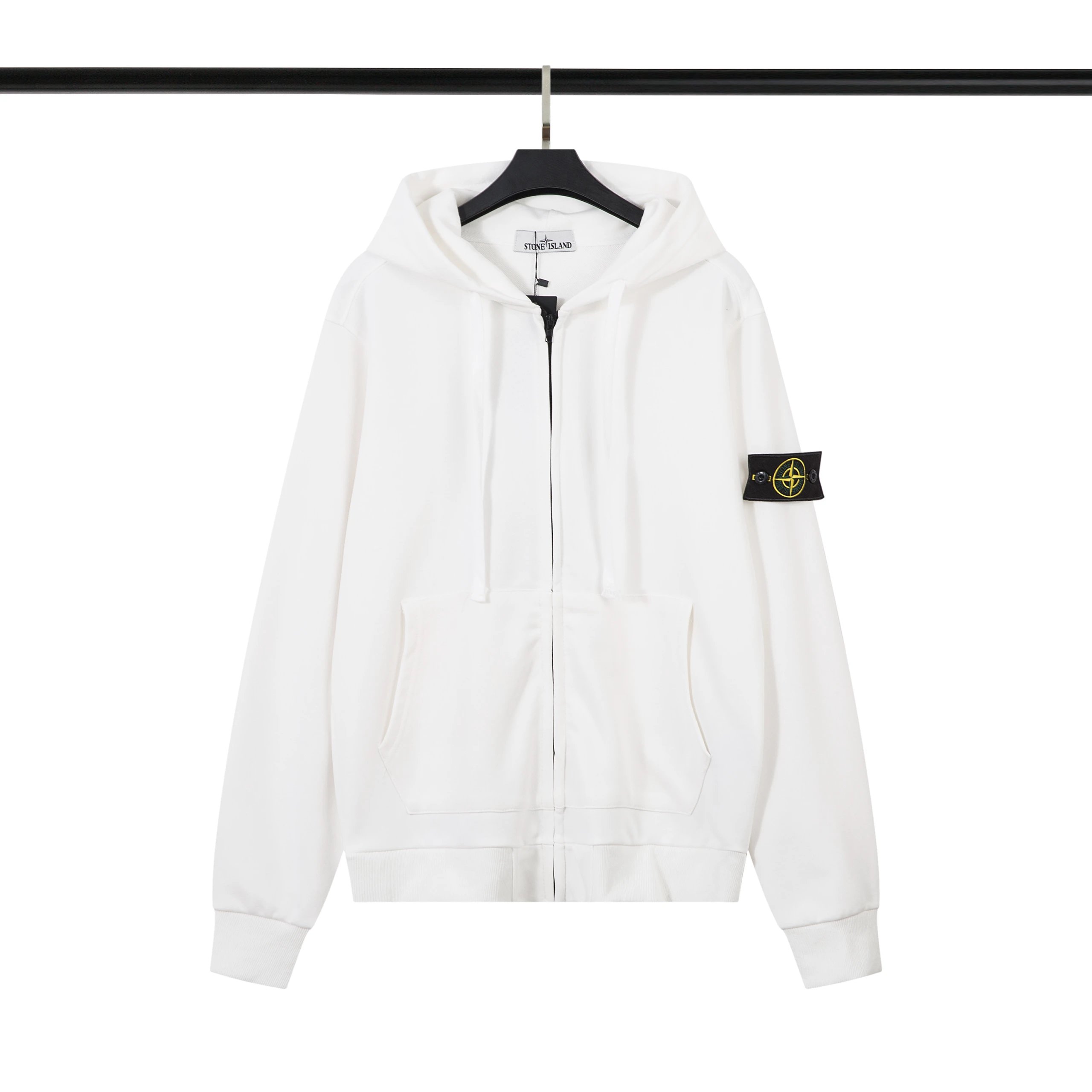 White Stone Island Zip-Up Hoodie with Logo Patch