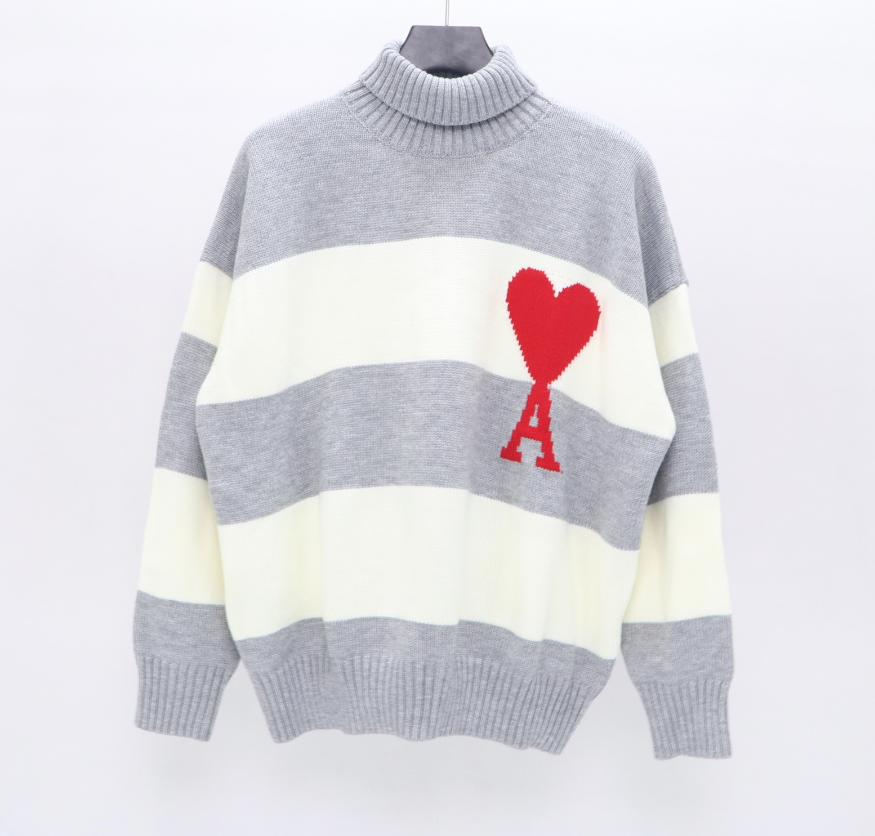 Striped Knit Sweater with Red Heart and Letter A Design