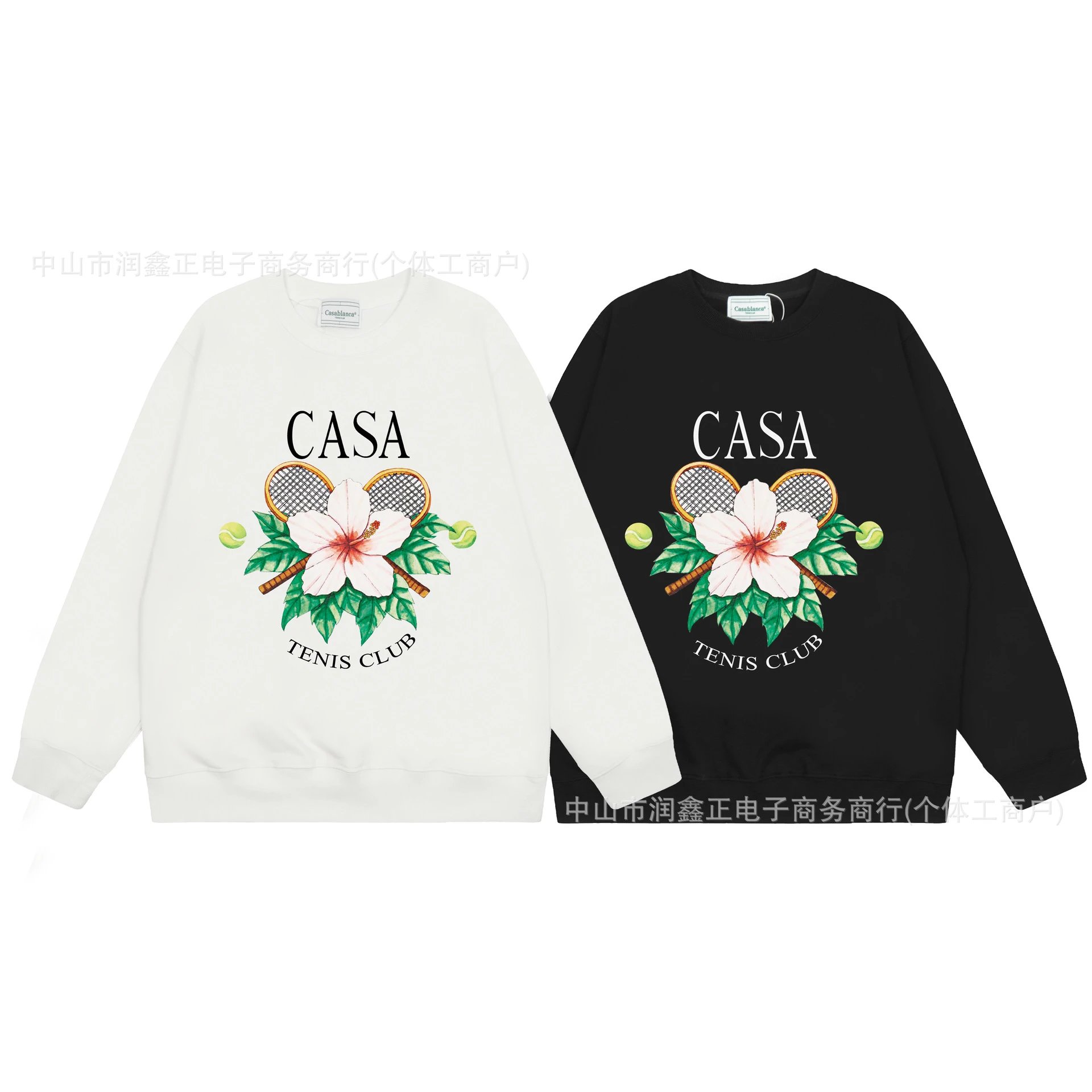 Casa Tenis Club Sweatshirt Floral Tennis Design Black and White