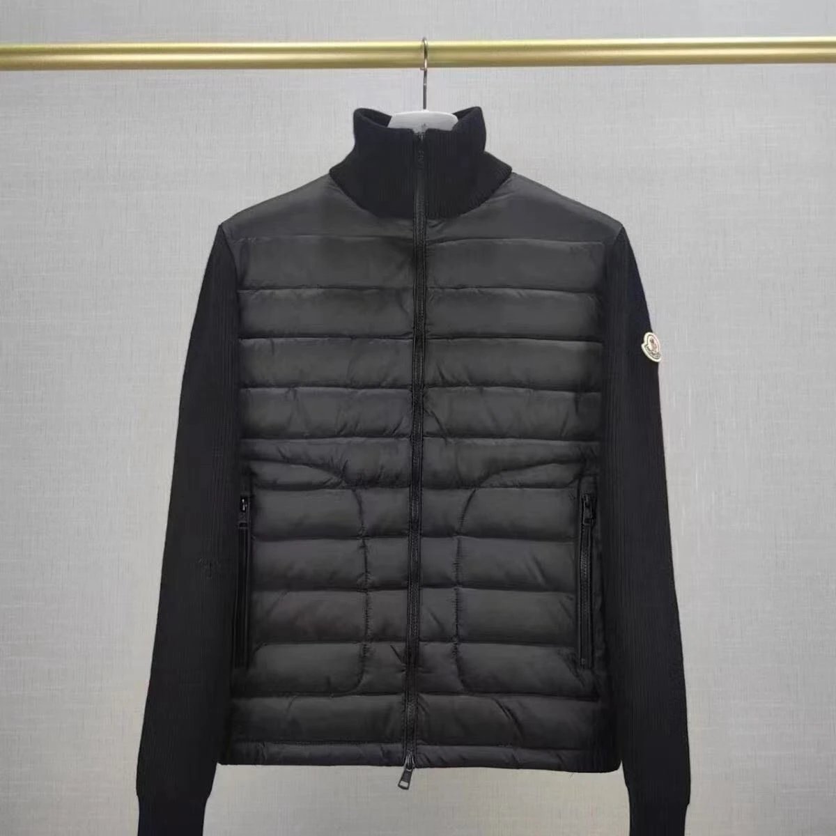Moncler Black Quilted Down Jacket with Knit Sleeves