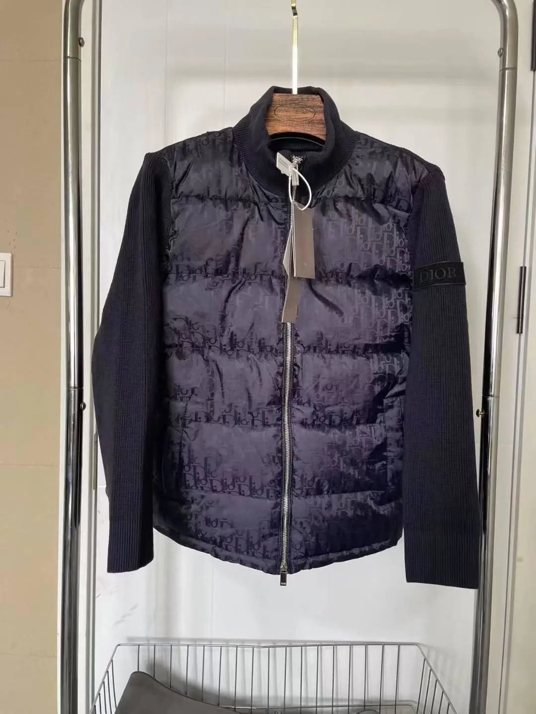 Dior Men's Monogram Printed Quilted Vest with Knit Sleeves