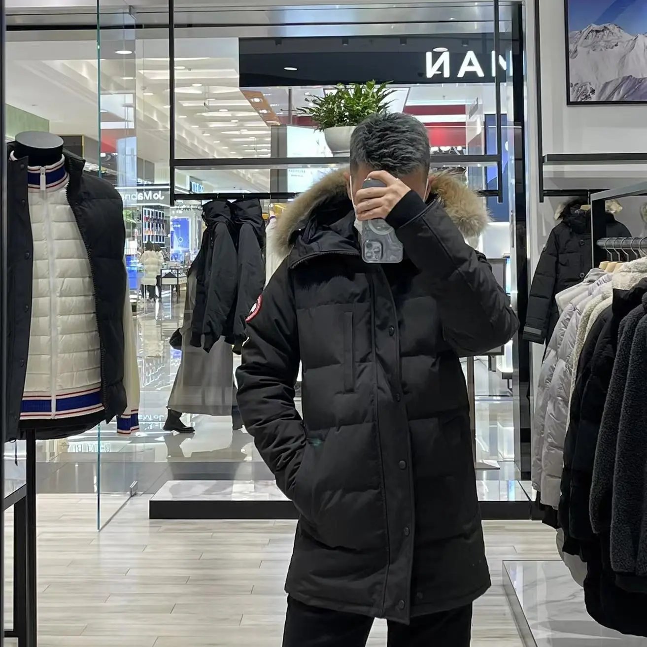 Men's Black Down Parka with Fur Hood