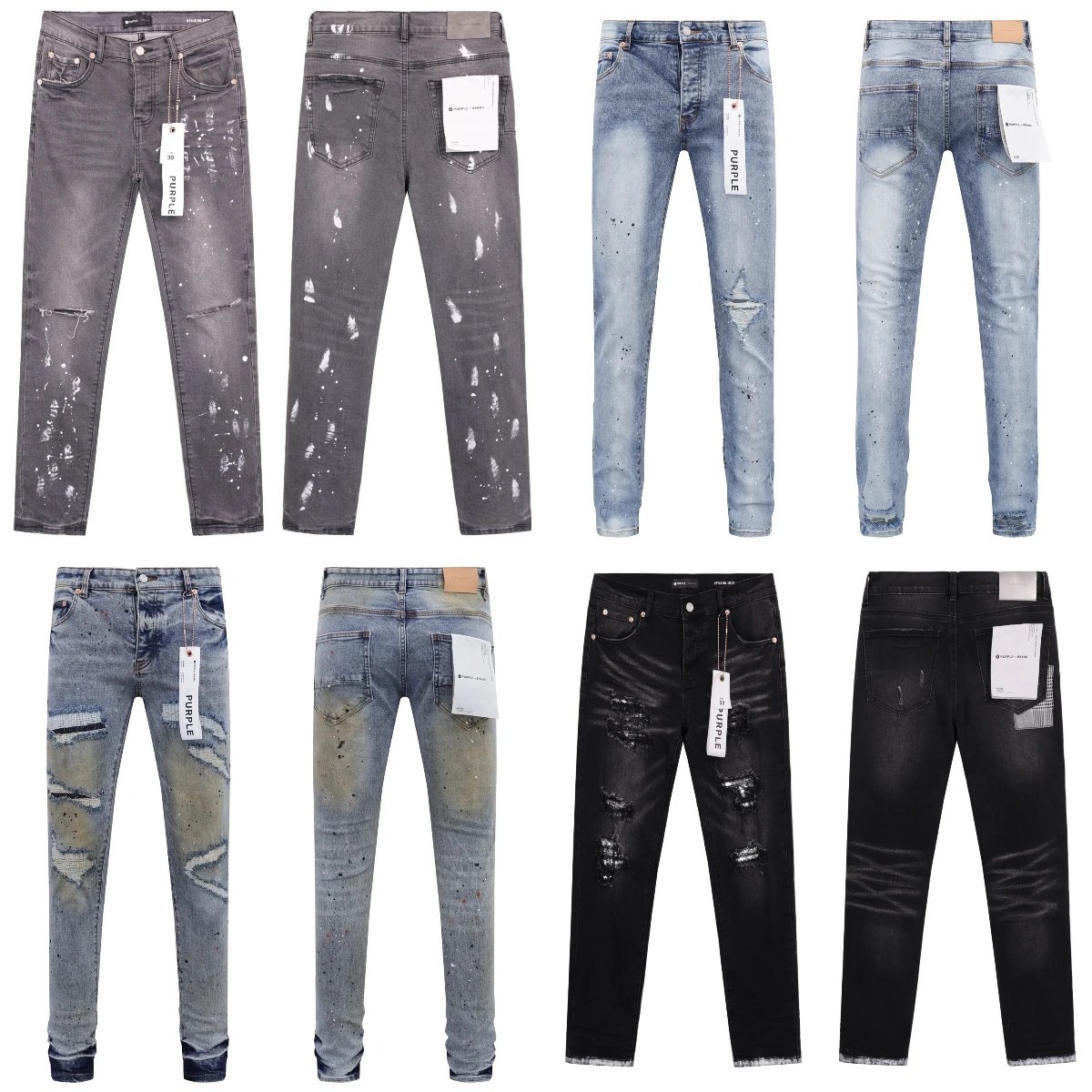 Men's Distressed Skinny Jeans with Rips and Paint Splatter Design
