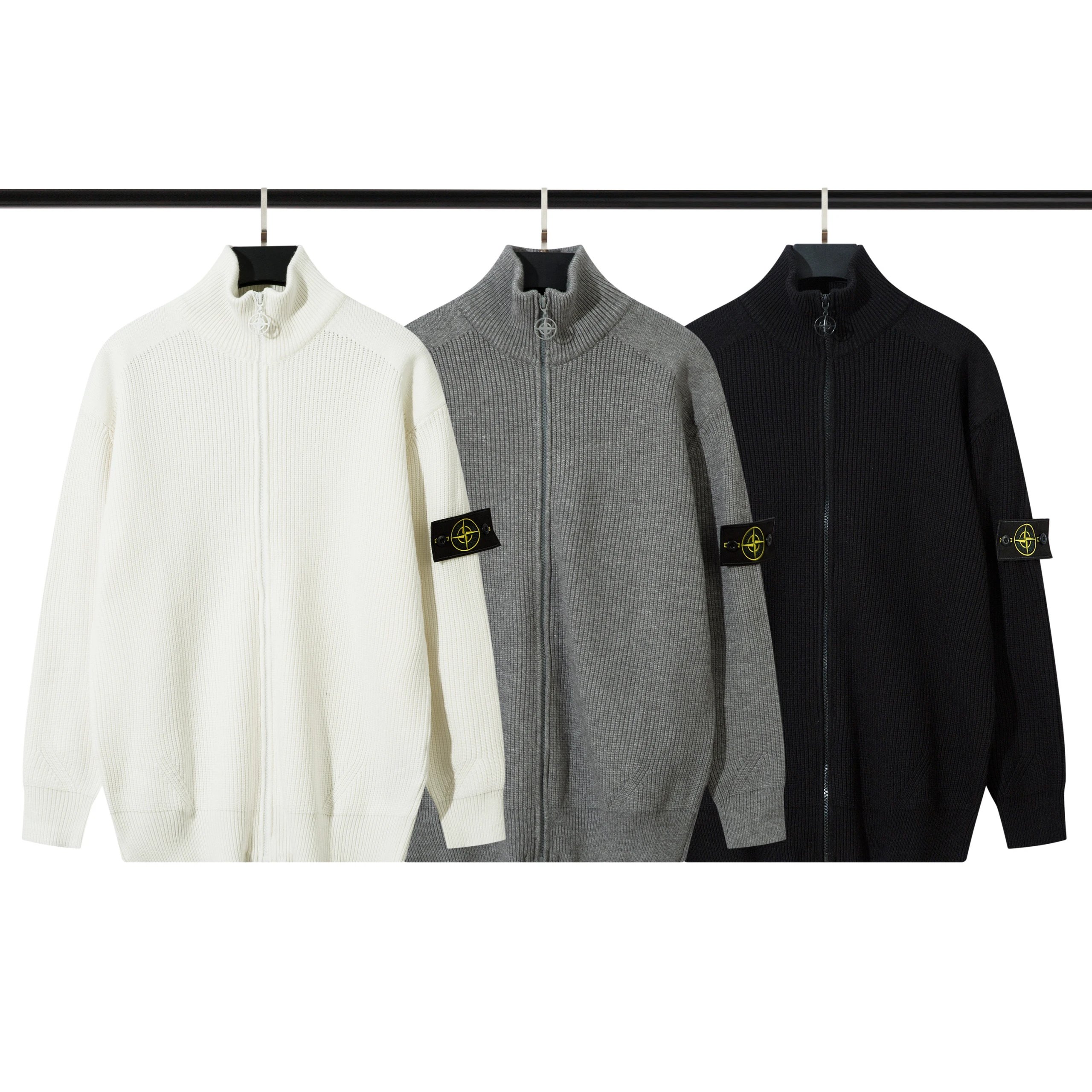 Stone Island Ribbed Zip-Up Sweater in White Gray Black
