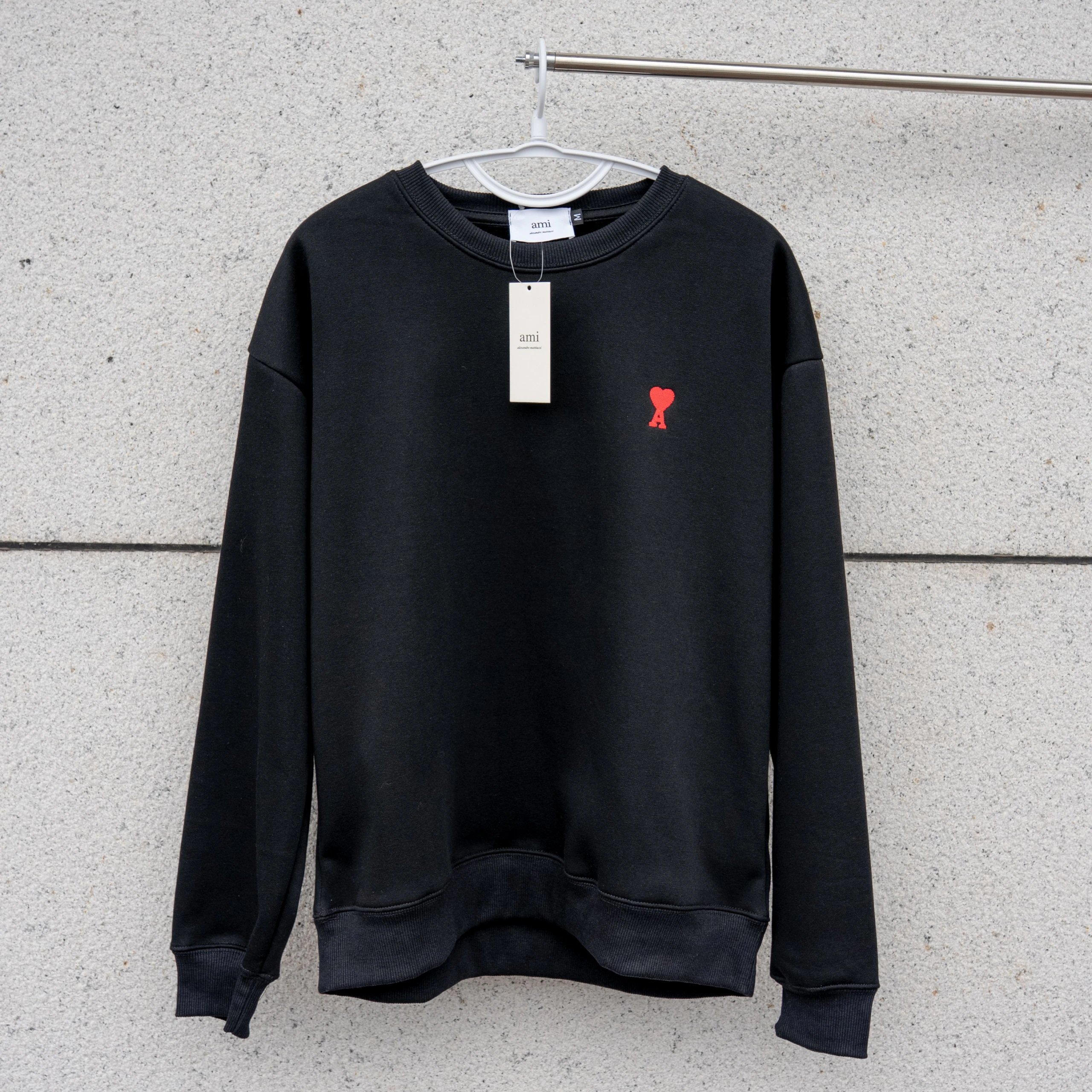 ami Black Crewneck Sweatshirt with Red Heart Logo