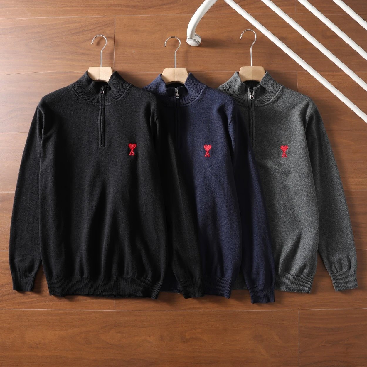 Men's Half-Zip Knit Sweater with Red Logo