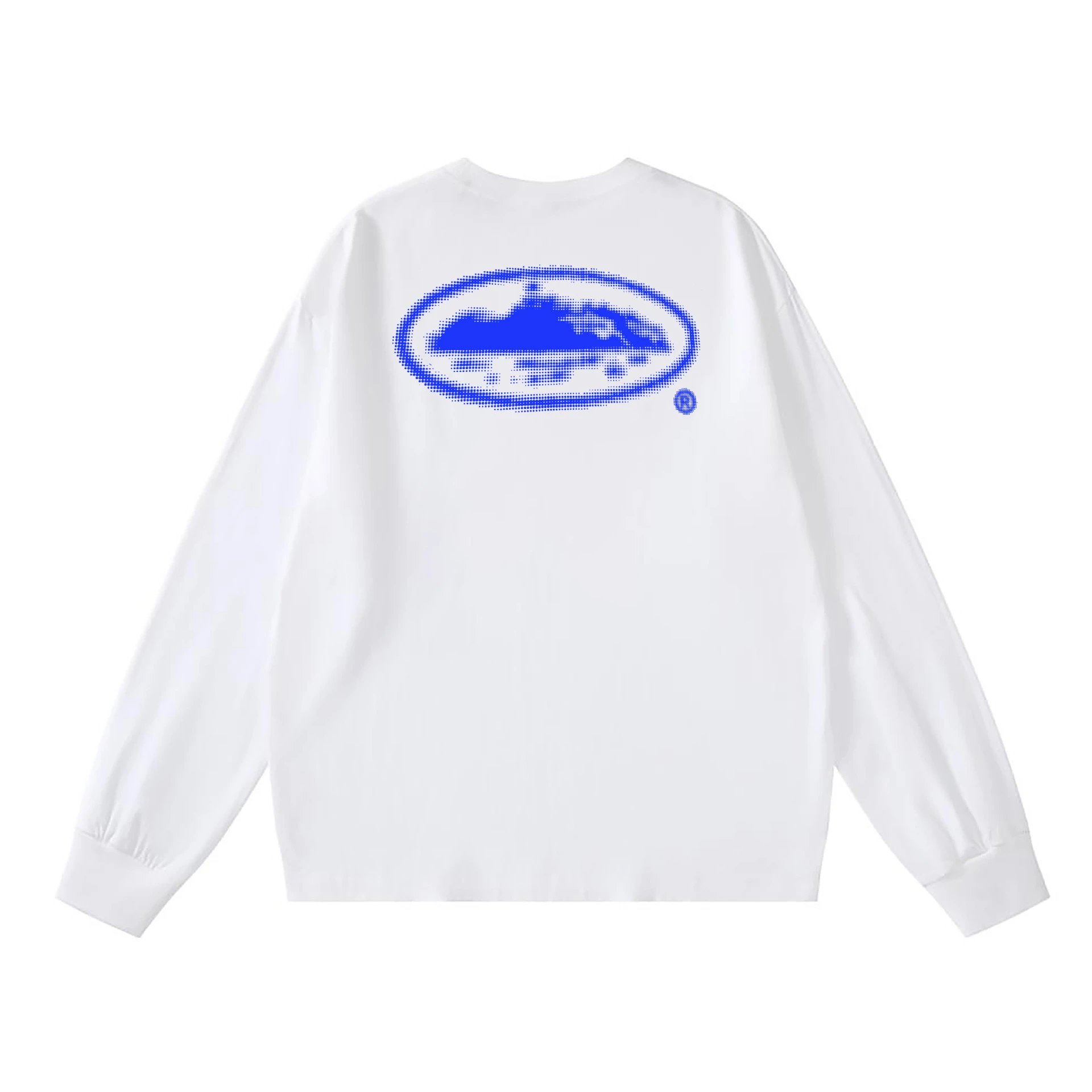 White Long Sleeve T-Shirt with Blue Oval Logo Design