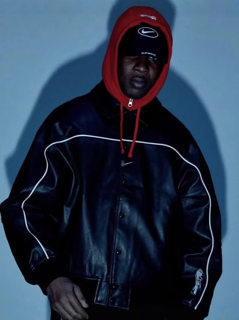 Supreme x Nike Leather Jacket with Red Hood and White Stitching