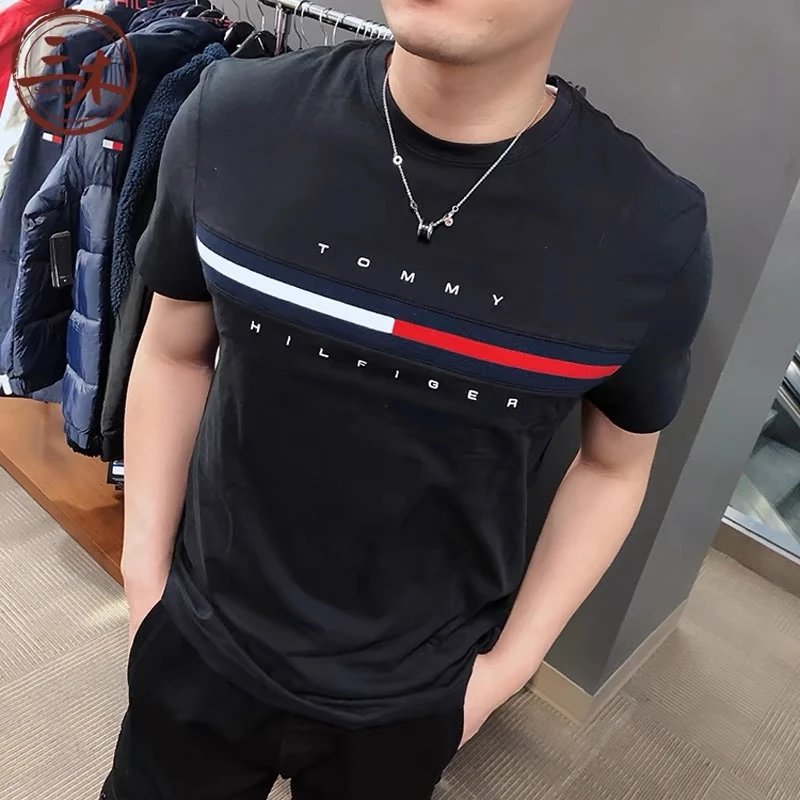 Tommy Hilfiger Men's Black Logo T-Shirt with Flag Stripe