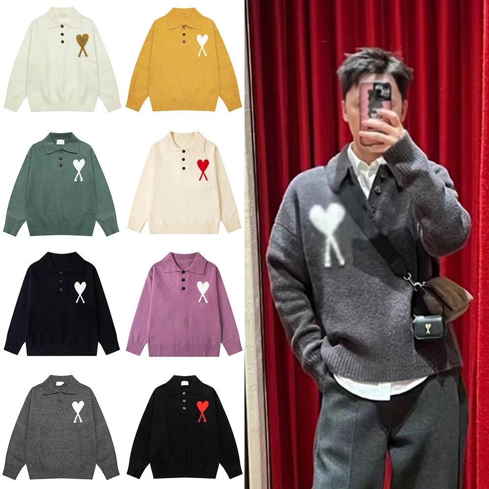 Heart Knit Polo Sweater Men's Casual Long Sleeve Pullover