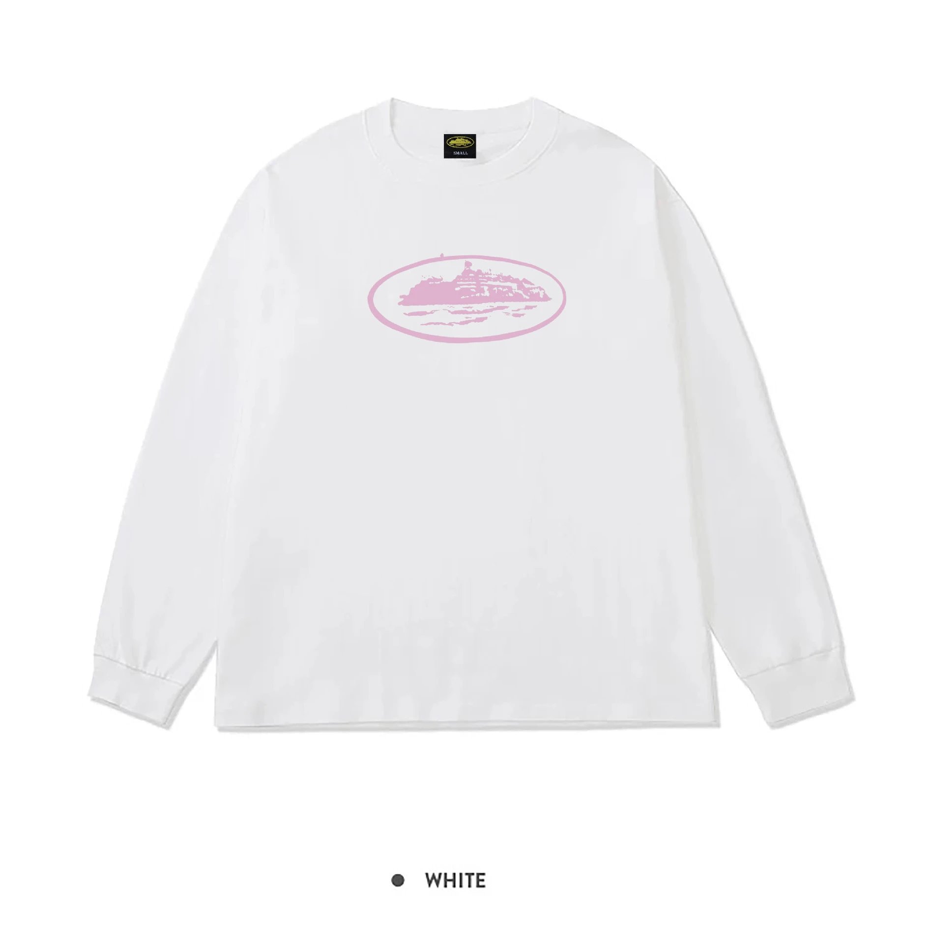 White Long Sleeve T-Shirt with Pink Oval Graphic Design