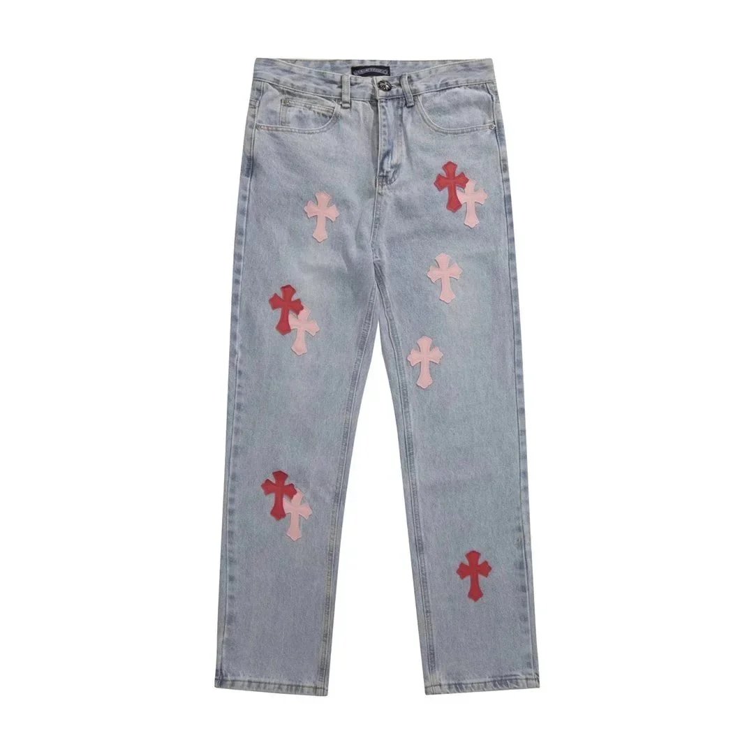 Light Blue Denim Pants with Red and Pink Cross Patches