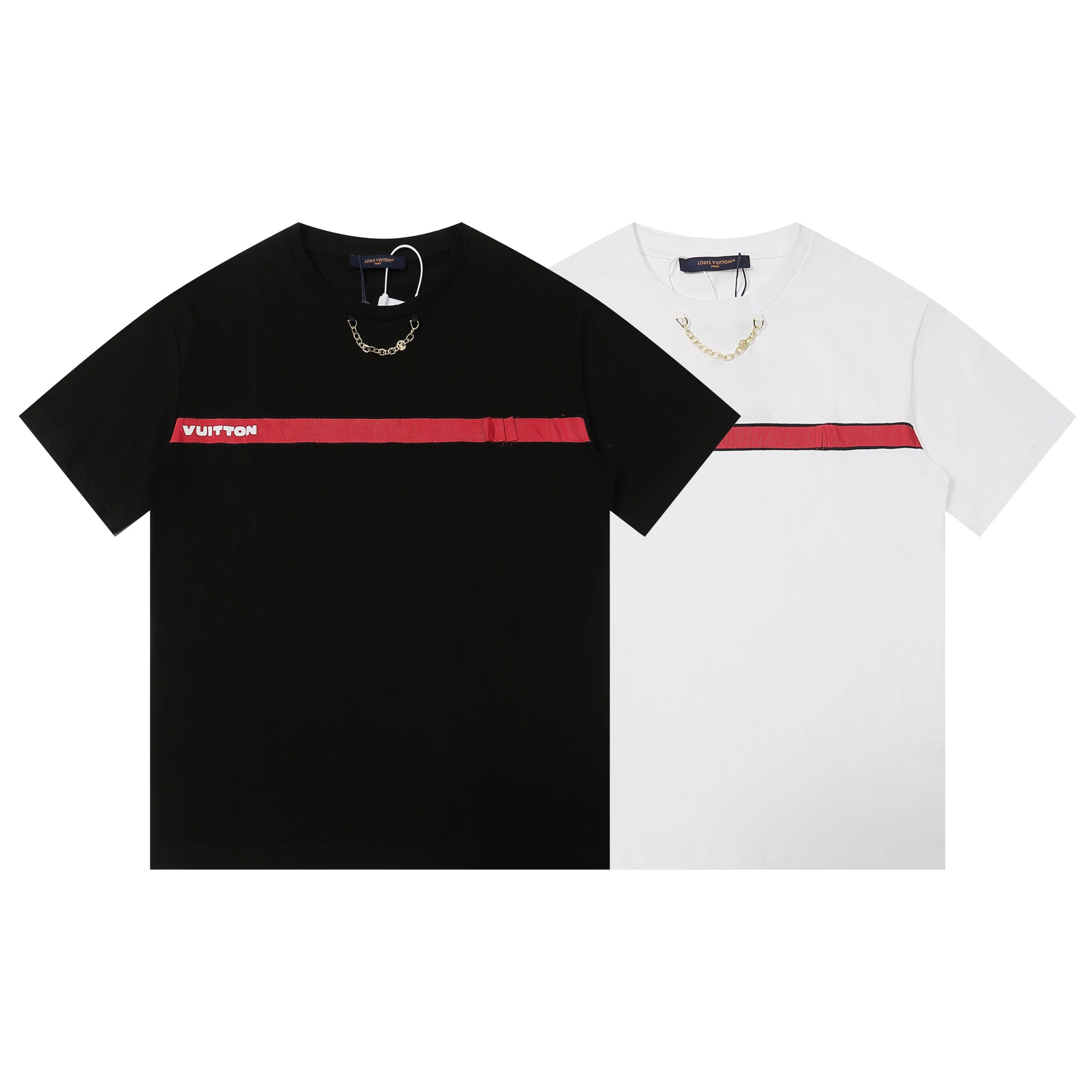 Louis Vuitton T-Shirt with Red Stripe and Chain Detail