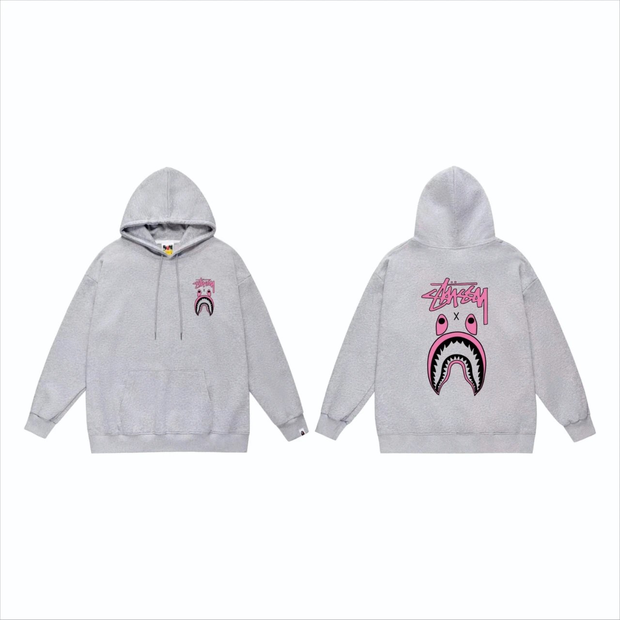Stussy Pink Shark Mouth Hoodie Gray Oversized Sweatshirt