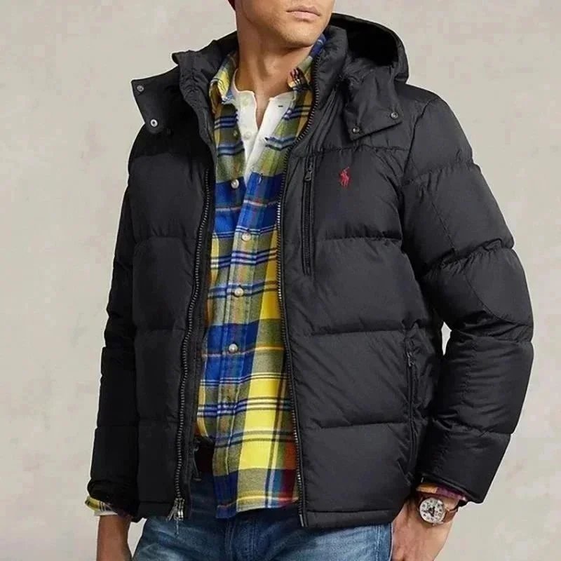 Men's Black Puffer Jacket with Hood and Logo