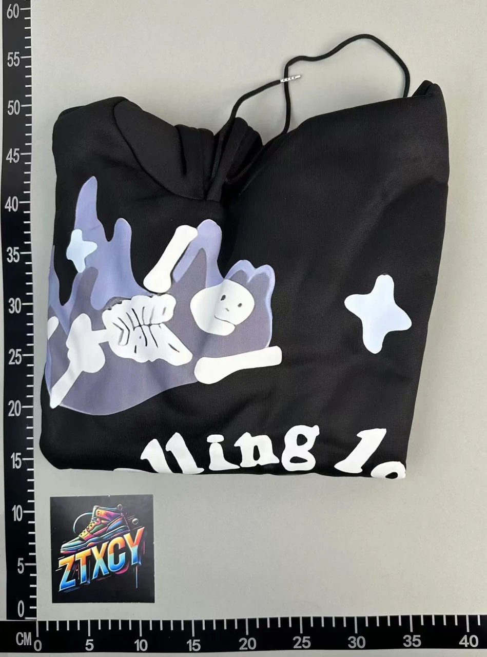 Black Hoodie with Cartoon Skeleton Print and Star Design