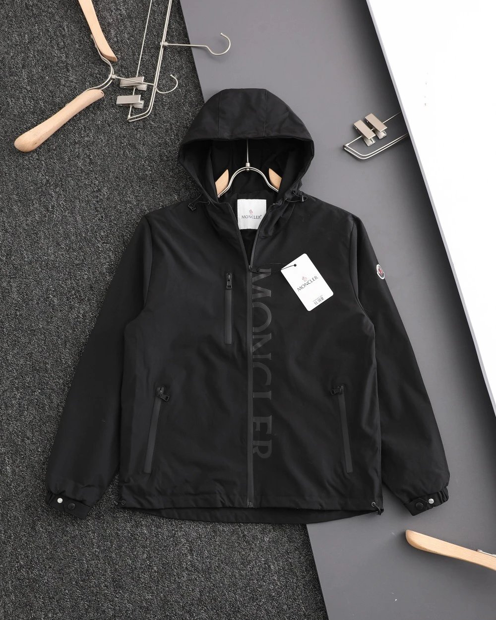 Moncler Black Hooded Jacket with Logo Print