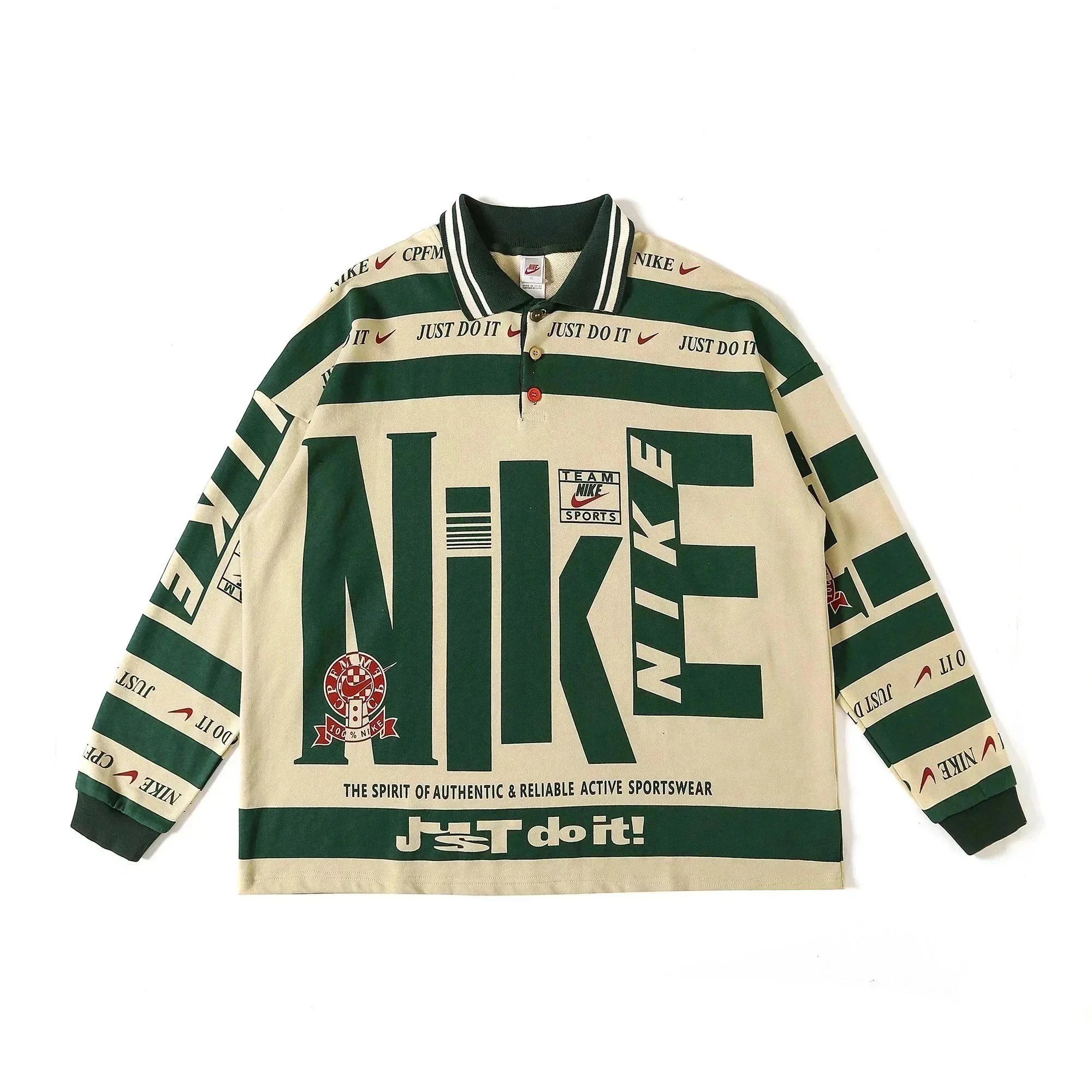 Nike Long Sleeve Polo Shirt Just Do It Green and Beige