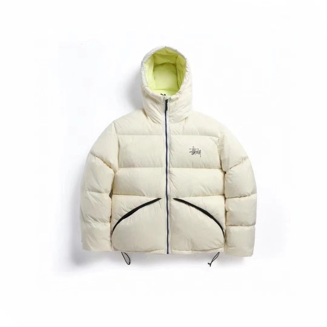 Stussy Cream Puffer Jacket with Hood and Neon Lining