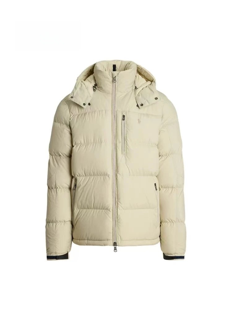 Men's Beige Down Jacket with Hood and Zippered Pockets