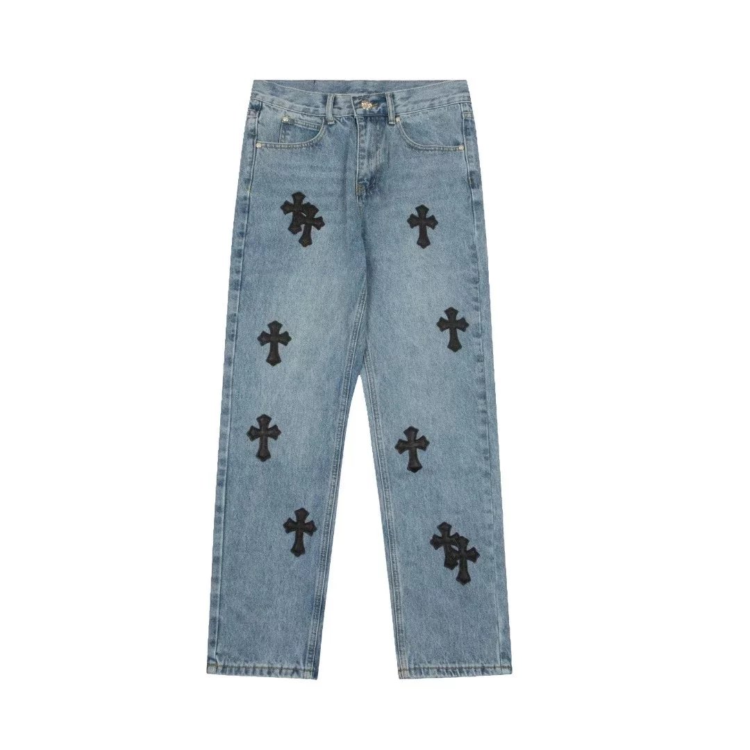 Light Blue Denim Pants with Black Cross Patches