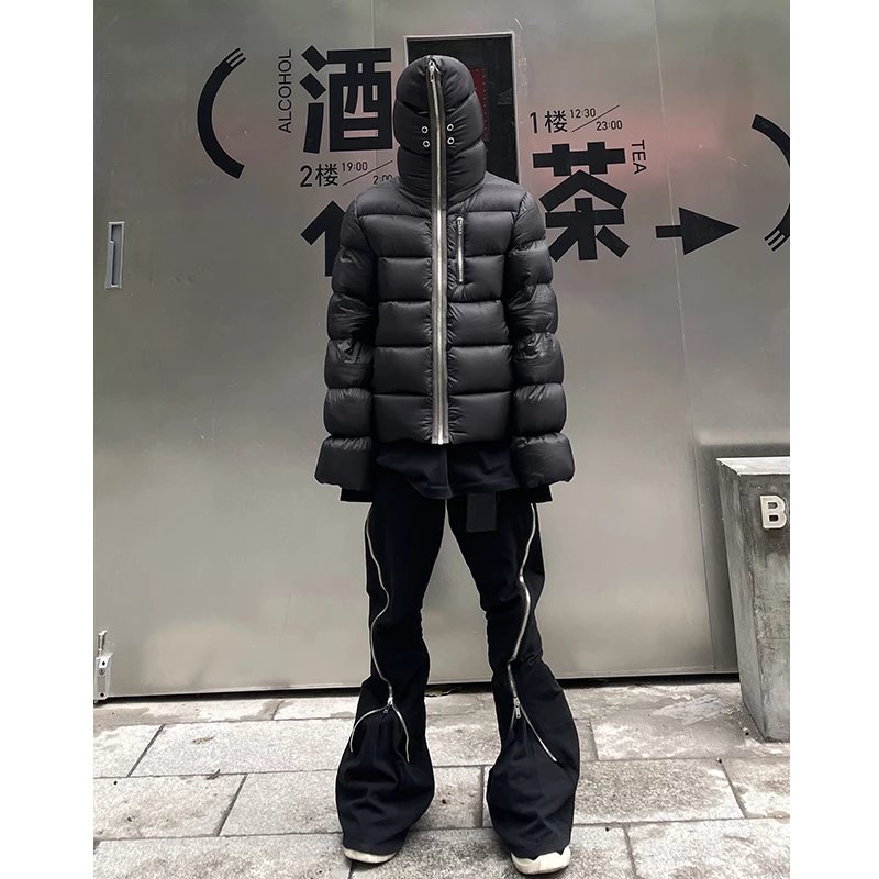 Black Puffer Jacket with Hood and Zipper Design