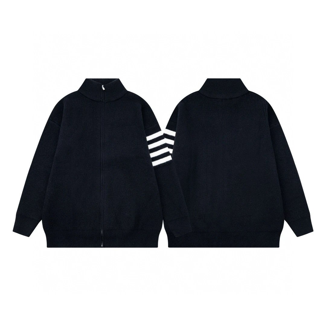 Black Knit Zip-Up Sweater with White Stripes on Sleeve