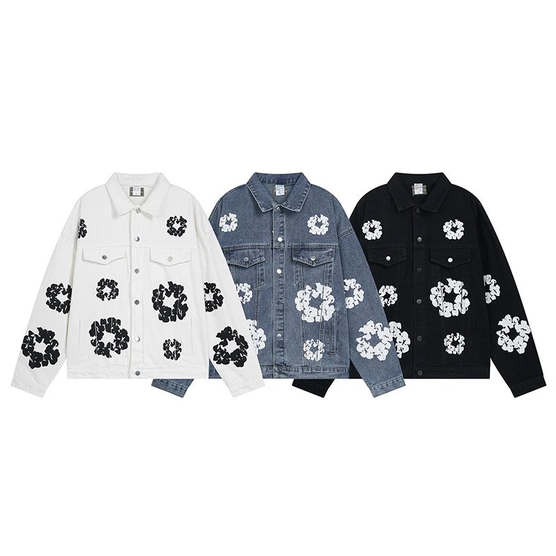Floral Pattern Denim Jacket in White Blue Black