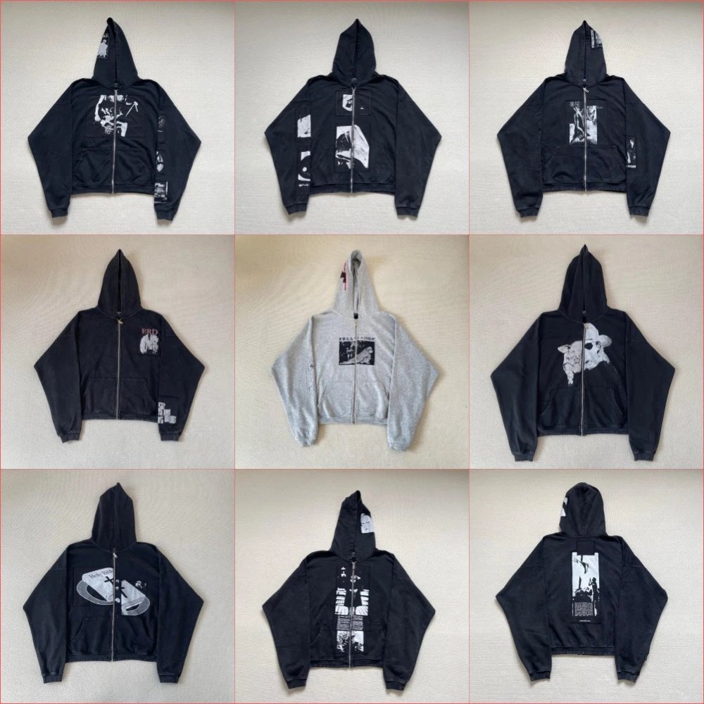 Stylish Black and Gray Zip-Up Hoodies with Unique Graphic Designs
