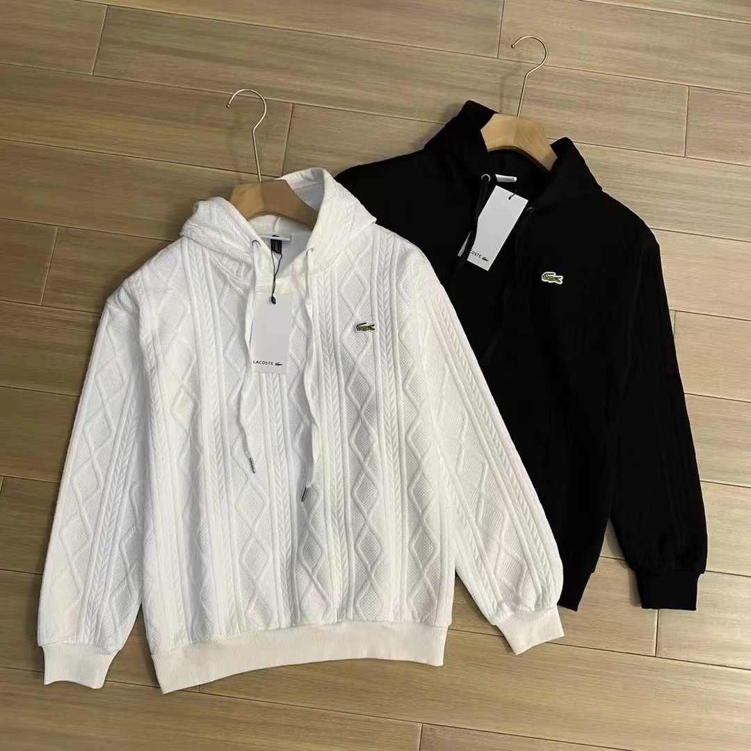Lacoste Knit Hoodie Sweater Men's White Black Cable Knit Zip-Up Hooded Sweatshirt