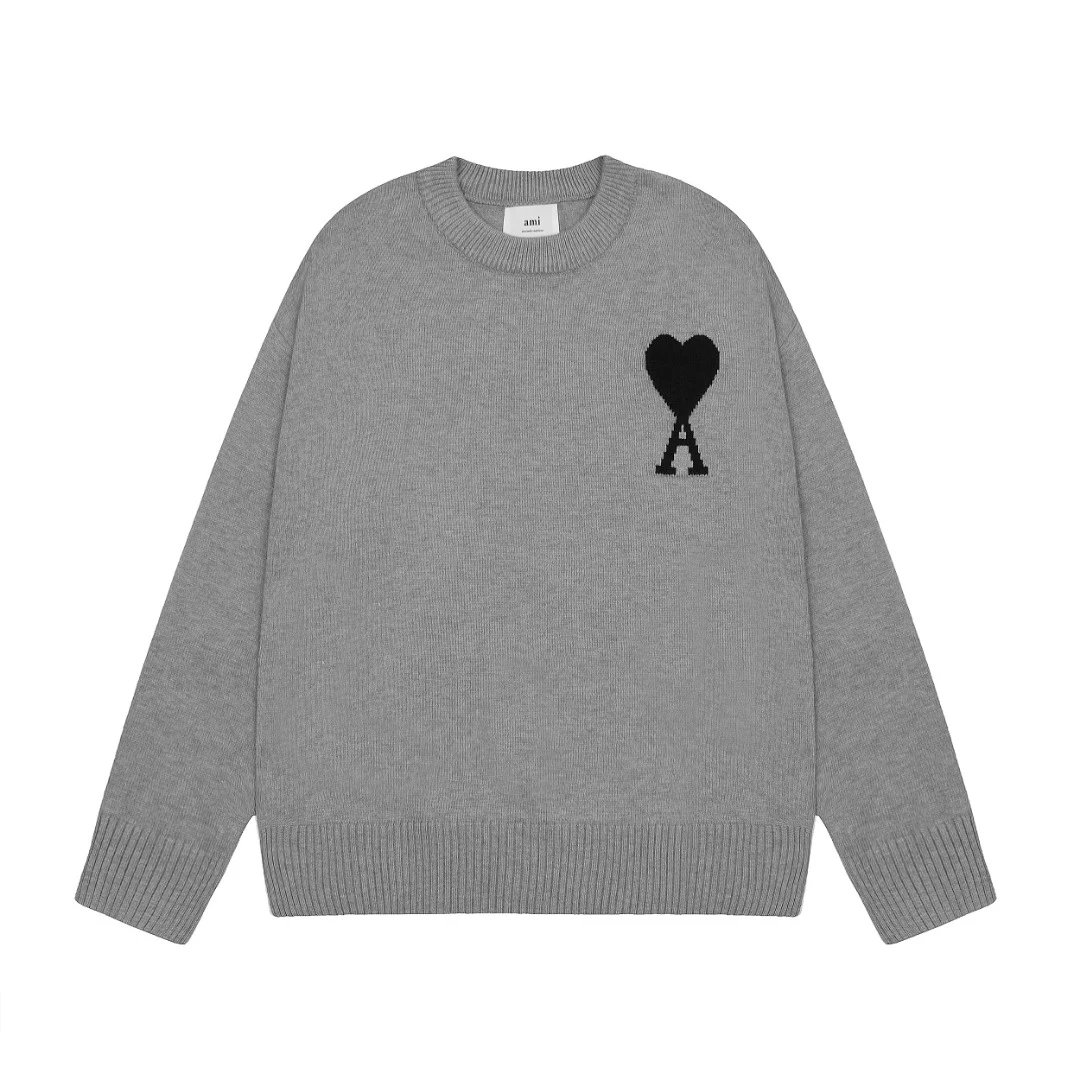 AMI Grey Knit Sweater with Heart Logo