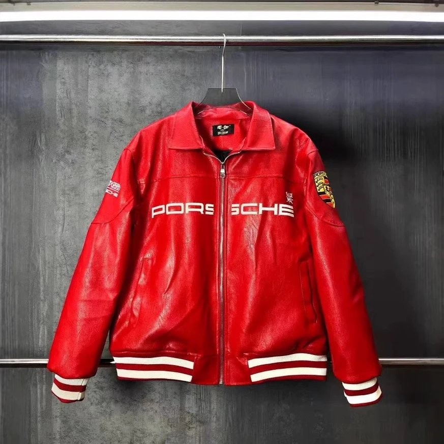 Porsche Red Leather Jacket Men's Racing Style Bomber Jacket