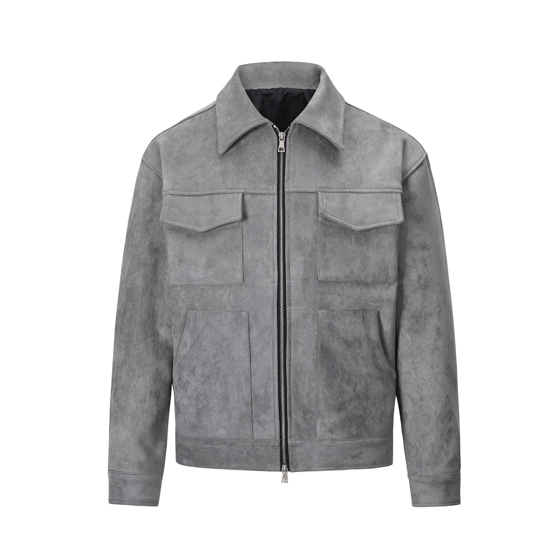 Men's Gray Suede Jacket with Zip Closure and Pockets