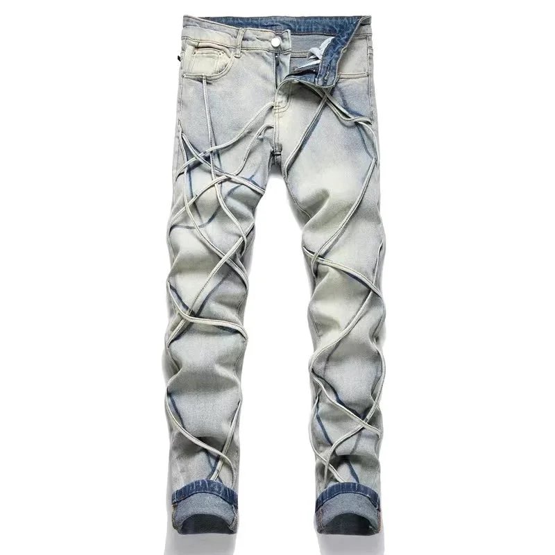 Men's Fashion Denim Pants with Lace-Up Design