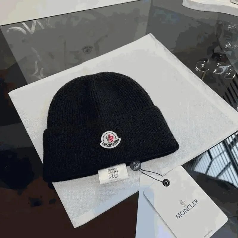 Moncler Black Knit Beanie Hat with Logo Patch