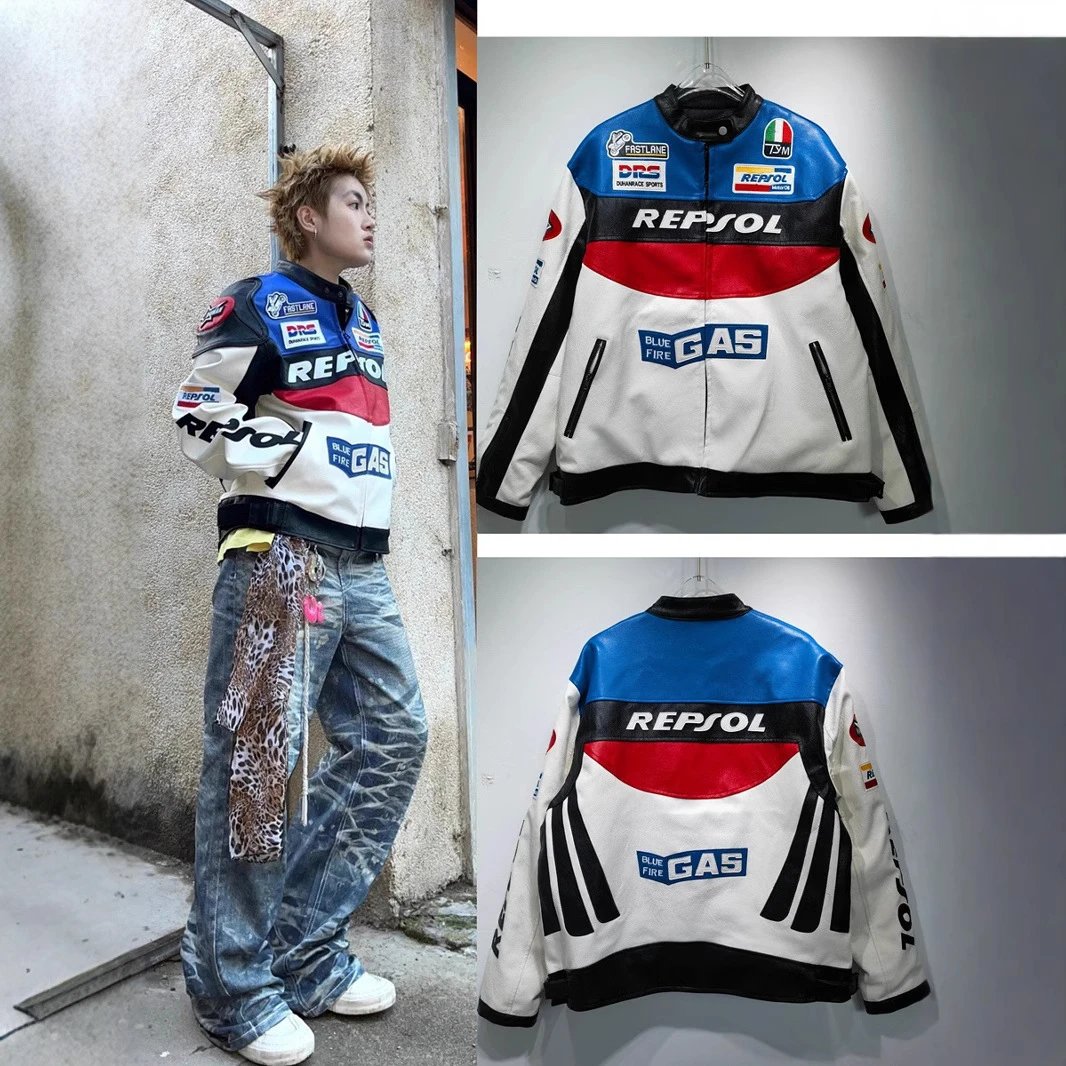 Repsol Racing Leather Jacket Men Motorcycle Sport Style