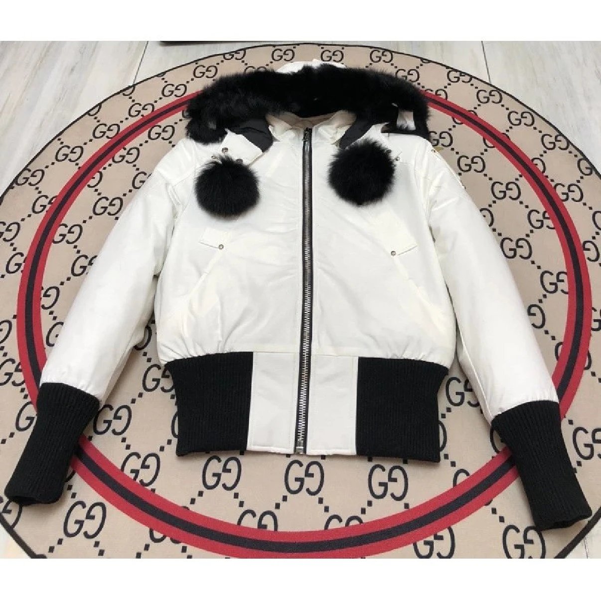 White Bomber Jacket with Black Fur Hood and Pom Poms