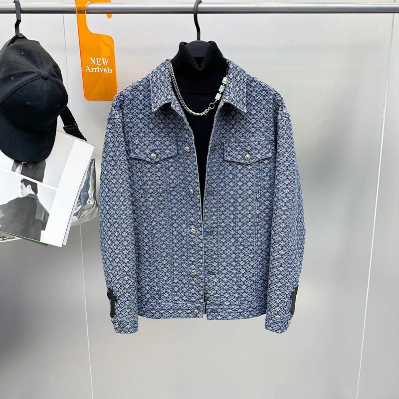 Blue Patterned Denim Jacket for Men Fashionable Streetwear Style