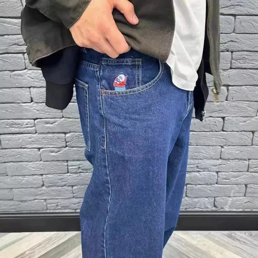 Blue Denim Pants with Cartoon Patch Pocket Design