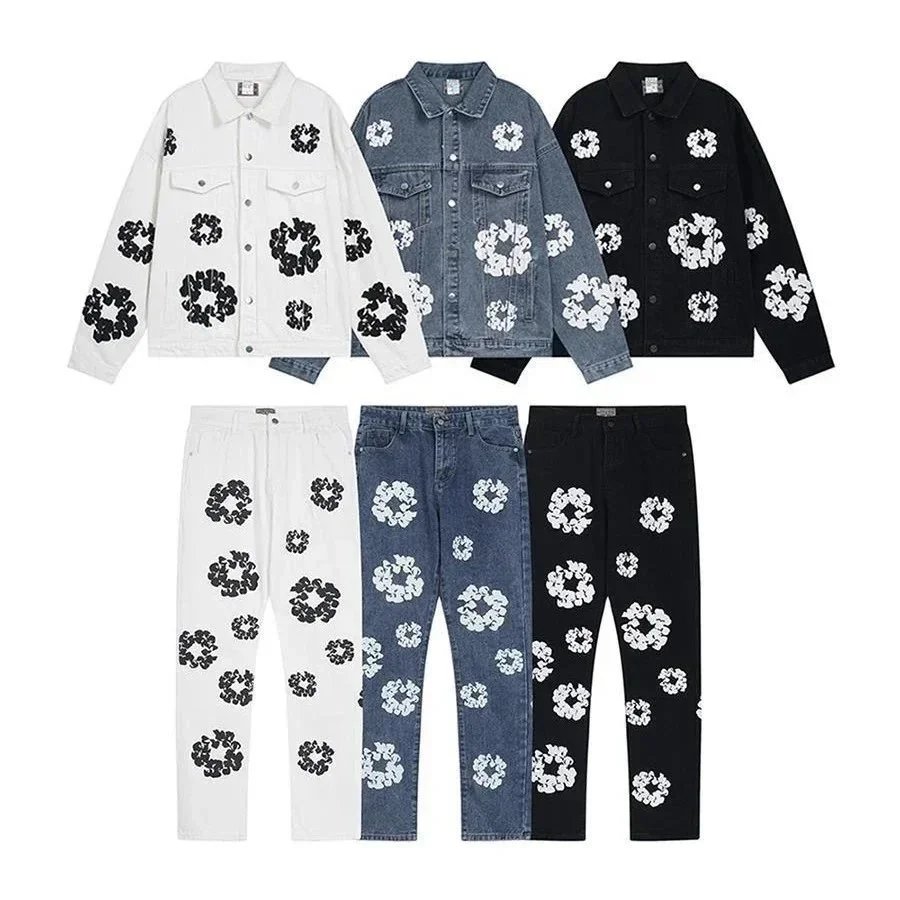 Floral Pattern Denim Jacket and Pants Set