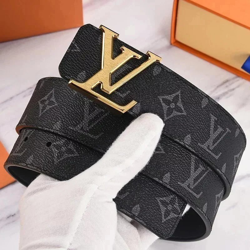 LV Monogram Leather Belt with Gold Tone Buckle