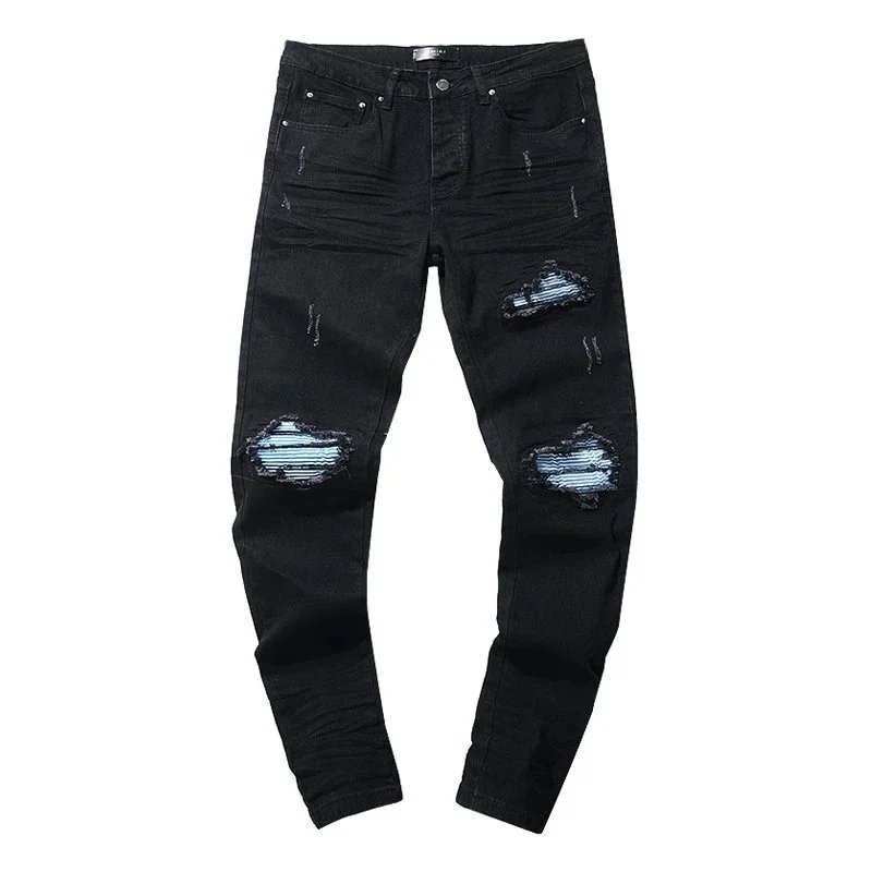 Black Ripped Distressed Jeans Men Slim Fit Denim Pants Fashion Streetwear