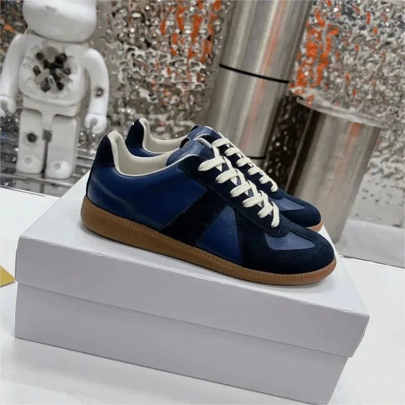 Blue Leather Sneakers with White Laces and Brown Sole