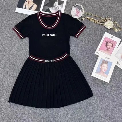 Miu Miu Black Pleated Dress with Logo Print