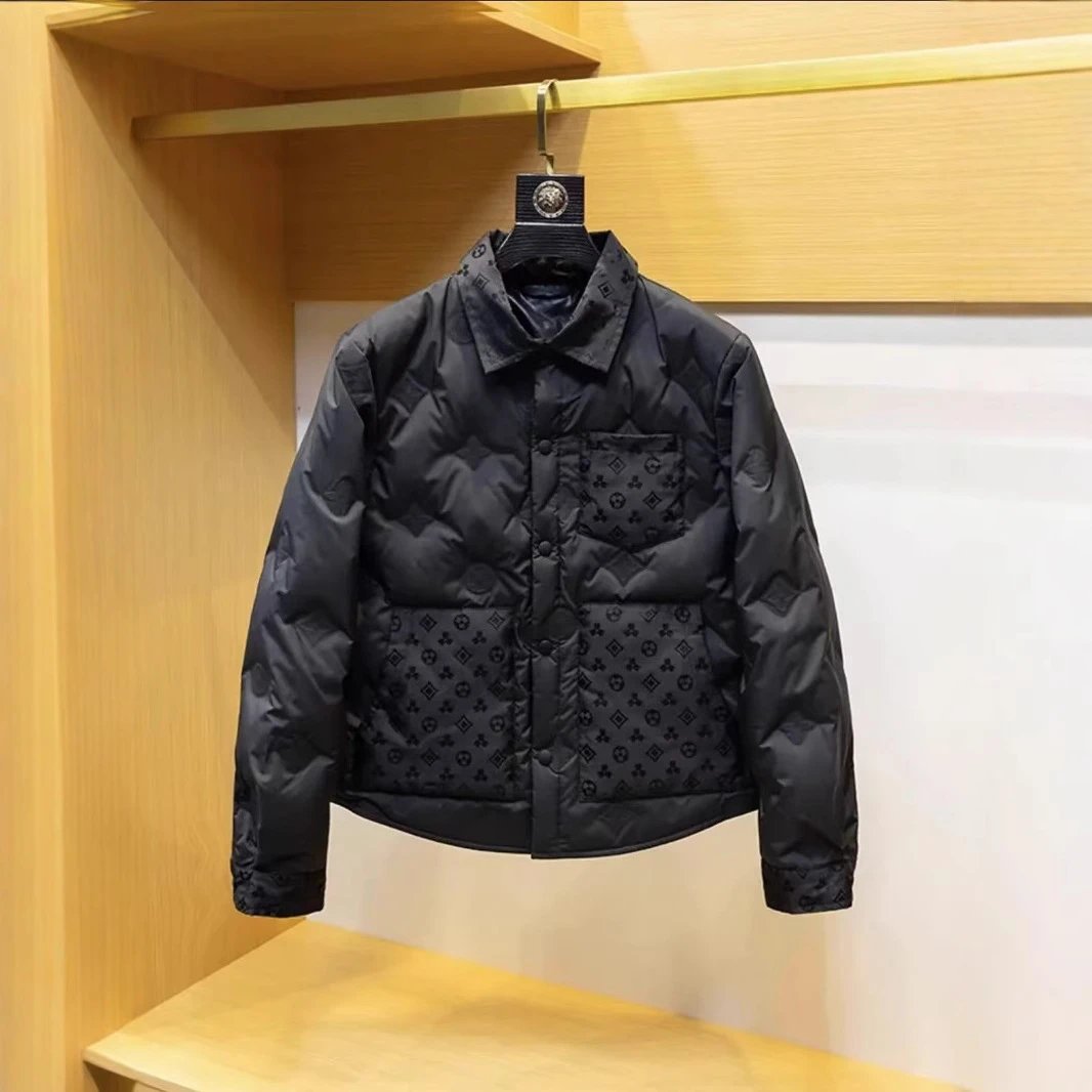Black Monogram Pattern Quilted Down Jacket for Men
