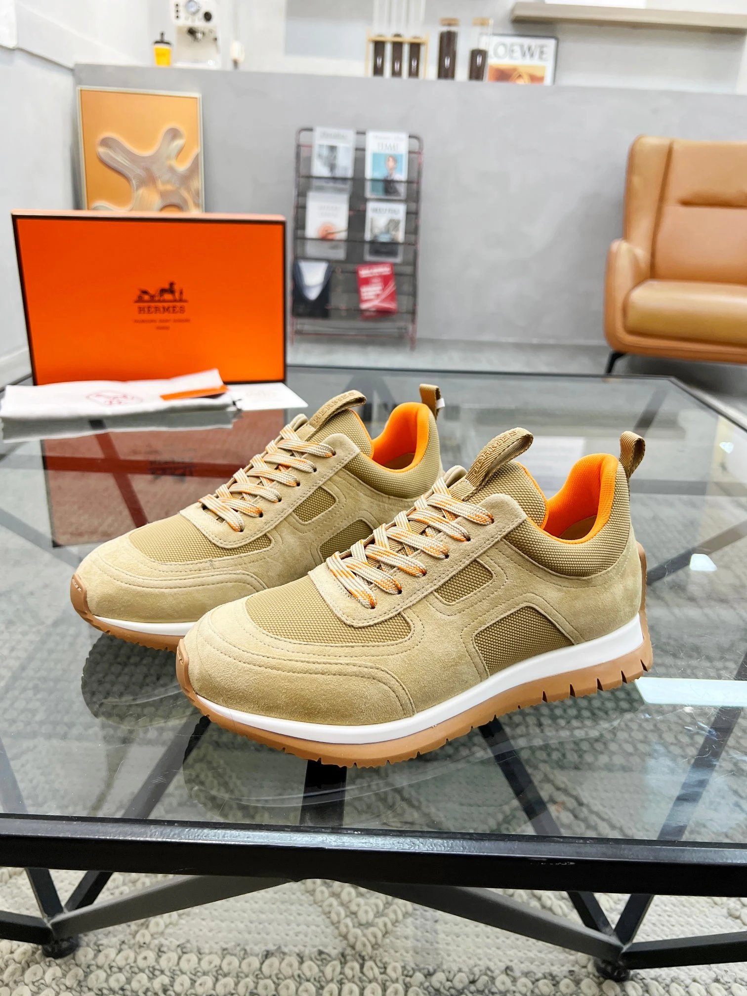 Hermes Tan Suede Sneakers with Orange Accents