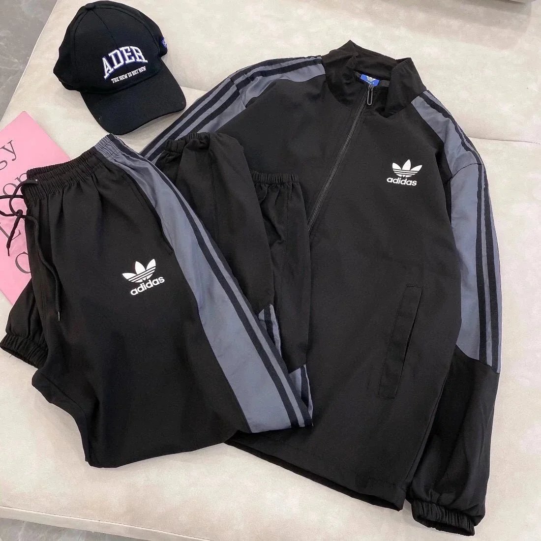 Adidas Black Track Suit Set with Three-Stripe Design