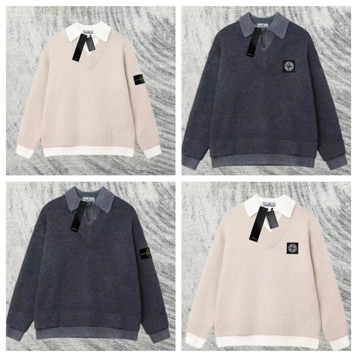 Stone Island Knit Sweater with Contrast Collar and Patch Logo