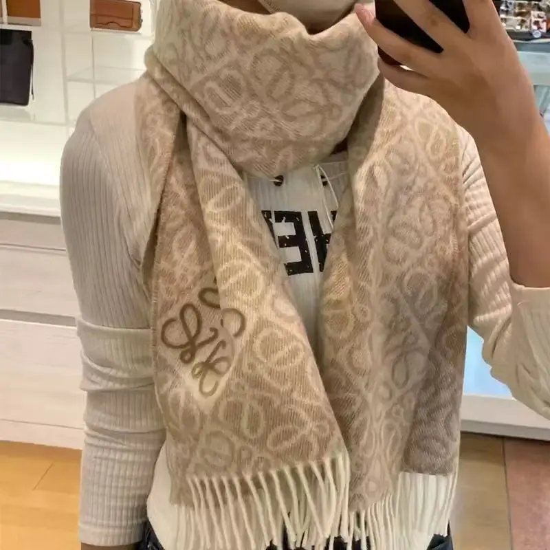 Gucci Monogram Wool Scarf Beige with Fringe
